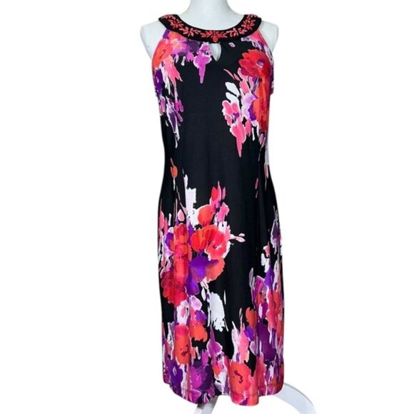 Sandra Darren Dress Beaded Keyhole Watercolor Floral Slip On Black Pink Size 12 - Picture 3 of 16